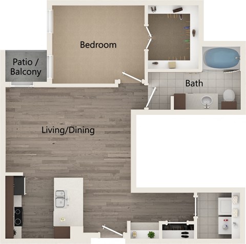Floor plan for 1 bed, 1 bath, 858 sqft
